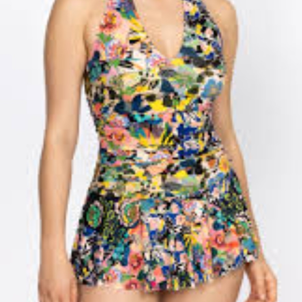 Johnny Was Layla Blue and Yellow Floral Skirted One Piece Swimsuit, NWOT